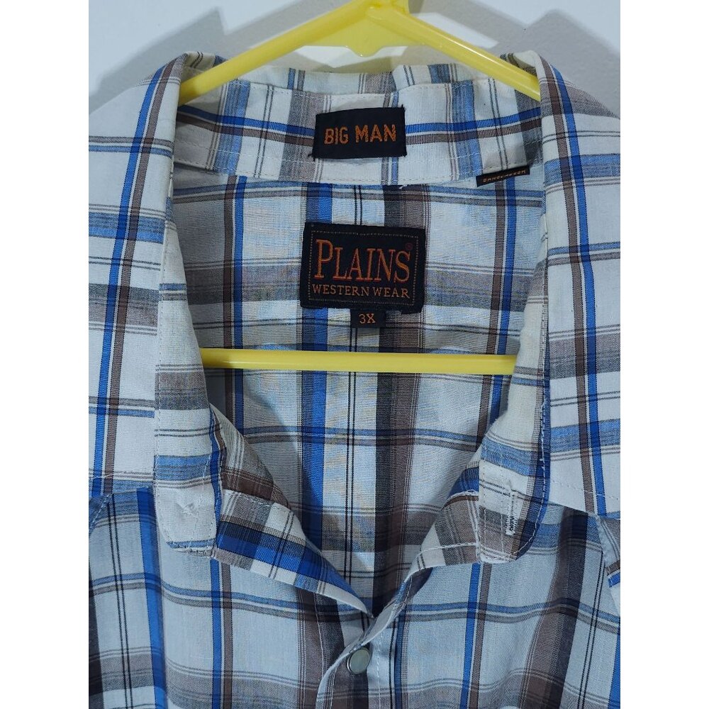 Men's 3X Plaid Western Snap Shirt Plains Big Man Cotton Blue/Brown - Picture 2 of 12